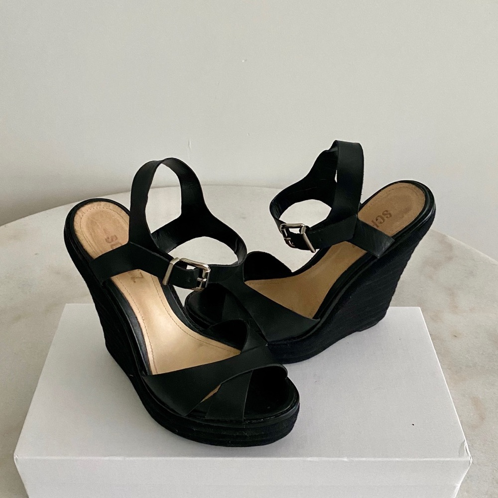 Schutz Platform Leather and Fabric Wedges